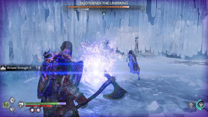Skjothendi może nakładać na Kratosa negatywny status bifrost i starajcie się wtedy unikać odnoszenia obrażeń, bo eksplozja może Wam odebrać dużą część paska zdrowia - God of War Ragnarok: Jak pokonać berserka Skjothendi Nieomylna (Skjothendi the Unerring)? - God of War Ragnarok - poradnik do gry