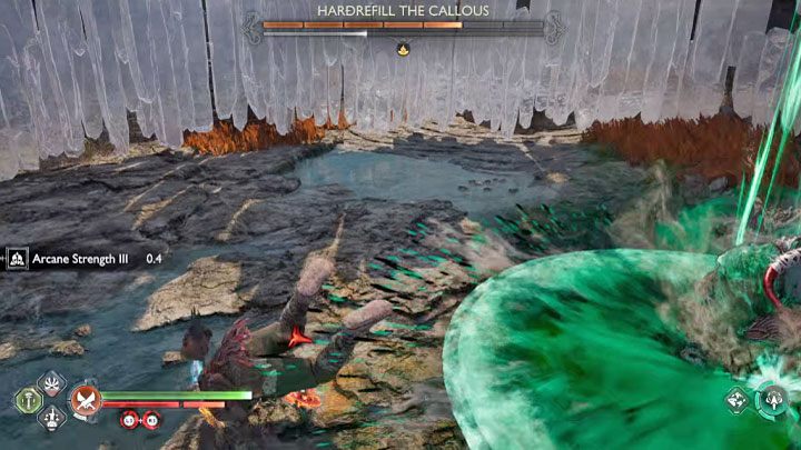 Czerwony atak Hardrefilla to wybicie się ponad arenę i nagłe lądowanie - miejsce lądowania symbolizuje zielony okrąg - God of War Ragnarok: Jak pokonać Hardrefilla Bezwzględnego (Hardrefill the Callous)? - God of War Ragnarok - poradnik do gry