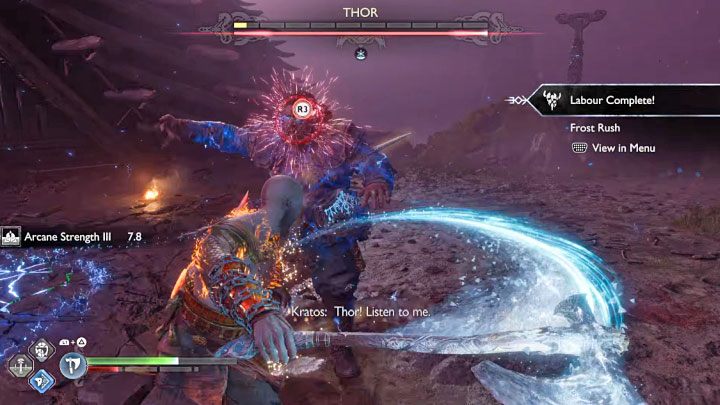 Walczcie do momentu, w którym pojawi się możliwość złapania ogłuszonego bossa - podbiegnijcie do Thora i wciśnijcie R3 - God of War Ragnarok: Jak pokonać Thora (druga walka w finale)? - God of War Ragnarok - poradnik do gry