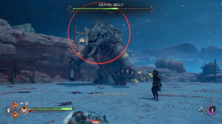 Uważajcie na czerwone ataki wroga i blokujcie tarczą żółte ataki, które stwór będzie wykonywał ogonem - God of War Ragnarok: Drzwi na pustyni (The Desert Door) - solucja, opis przejścia - God of War Ragnarok - poradnik do gry