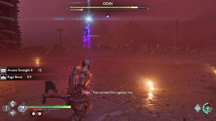 Czerwonym atakiem Odyna jest strzelanie strumieniami energii - po tym jak zauważycie, że Odyn wzbił się w powietrze bądźcie gotowi żeby poprawnie odskoczyć w lewo lub w prawo - God of War Ragnarok: Odyn (Odin) - jak pokonać finałowego bossa? - God of War Ragnarok - poradnik do gry