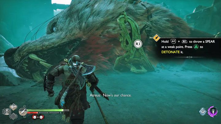 Walczcie do momentu, w którym pojawi się możliwość złapania obroży powalonego Garma wciskając R3 (powyższy obrazek) - God of War Ragnarok: Jak pokonać Garma (pościg i druga walka)? - God of War Ragnarok - poradnik do gry