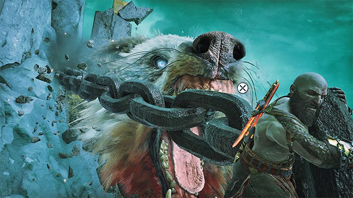 Pod koniec walki musicie ponownie zamrozić toporem wbity do lodu łańcuch - God of War Ragnarok: Jak pokonać Garma (pierwsza walka)? - God of War Ragnarok - poradnik do gry