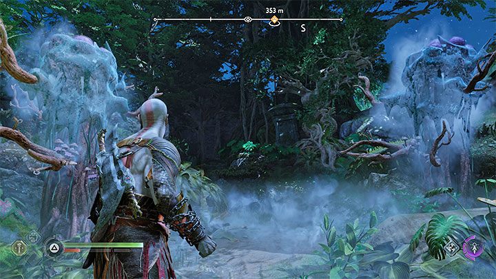 Strzały pieczęci pozwolą Wam zamrozić jednocześnie obie rośliny - przykład takiego stanu pokazuje powyższy obrazek - God of War Ragnarok: Jak unikać niebieskich trujących oparów w Vanaheim? - God of War Ragnarok - poradnik do gry