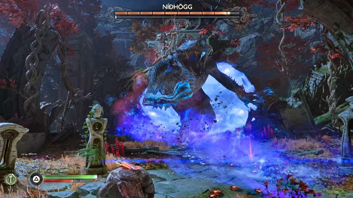 Dobrej precyzji w wykonywaniu uników wymaga czerwony atak z wysyłania fal bifrost - God of War Ragnarok: Jak pokonać Nidhogga, węża z Vanaheim? - God of War Ragnarok - poradnik do gry
