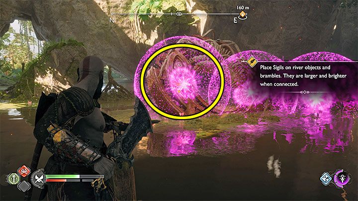 Dotrzyjcie do miejsca, w którym należy zaliczyć zagadkę z łączenia pieczęci żeby mogły powstawać reakcje łańcuchowe - God of War Ragnarok: Konfrontacja (The Reckoning) - solucja, opis przejścia - God of War Ragnarok - poradnik do gry