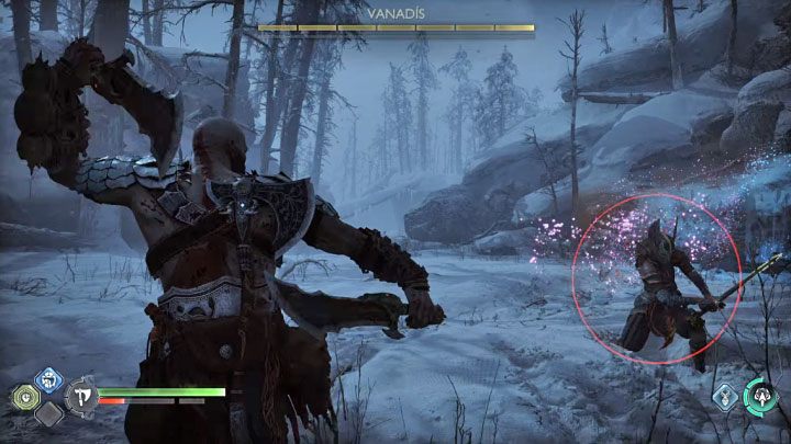 Żółtym atakiem Walkirii są zamachnięcia mieczem, ale dochodzi do nich tylko w walce na krótkim dystansie - God of War Ragnarok: Jak pokonać Walkirię Vanadis? - God of War Ragnarok - poradnik do gry