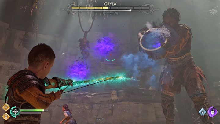 Gryla zacznie stosować nowy rodzaj żółtego ataku i wypuszczać samonaprowadzalne fioletowe pociski - God of War Ragnarok: Jak pokonać Grylę i jak zniszczyć kocioł? - God of War Ragnarok - poradnik do gry