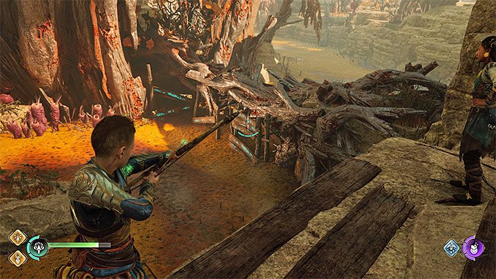 Wdrapcie się na półkę, zaczekajcie aż Angrboda usiądzie na gałęzi i zabierzcie kolejny owoc - God of War Ragnarok: Zaginione Sanktuarium (The Lost Sanctuary) - solucja, opis przejścia - God of War Ragnarok - poradnik do gry