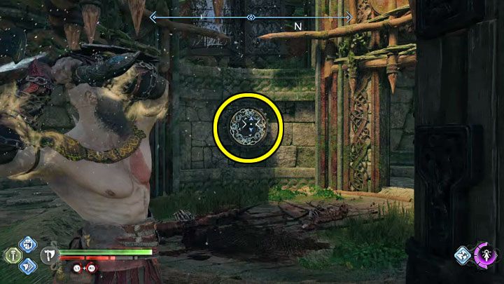 Szybko przywołajcie topór i rzućcie nim w okrągły mechanizm z obrazka - God of War Ragnarok: Jak zwabić smoka w Vanaheim (przysługa Szlak zniszczenia)? - God of War Ragnarok - poradnik do gry