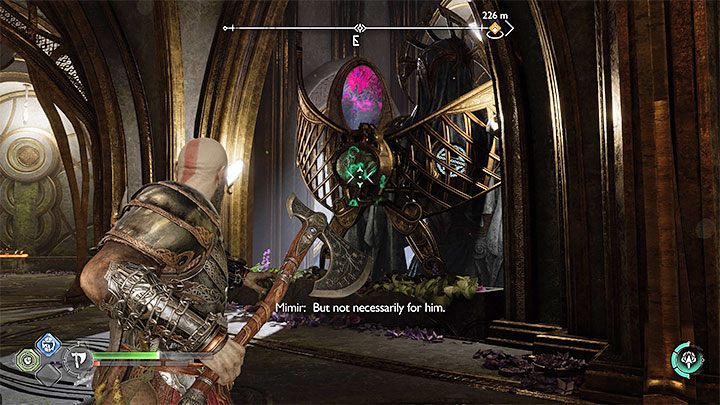 Przesunięty posąg odsłoni zaczep, który pozwala na przedostanie się na górne półki - God of War Ragnarok: Sekret Gróy (Groas Secret) - solucja, opis przejścia - God of War Ragnarok - poradnik do gry