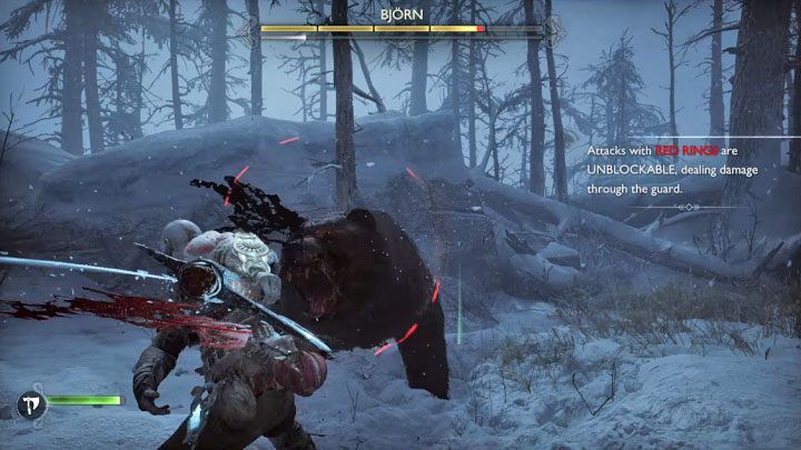 Ataki sygnalizowane na czerwono są znacznie większym zagrożeniem, bo nie możecie ich zablokować - God of War Ragnarok: Jak pokonać Niedźwiedzia Bjorn? - God of War Ragnarok - poradnik do gry