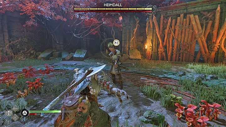 Po kilku udanych eksplozjach włóczni Hajmdal zostanie ogłuszony - podbiegnijcie do niego i wciśnijcie R3 żeby załączyć scenę szamotania się - God of War Ragnarok: Jak pokonać Gulltoppra i Hajmdala (Heimdall)? - God of War Ragnarok - poradnik do gry