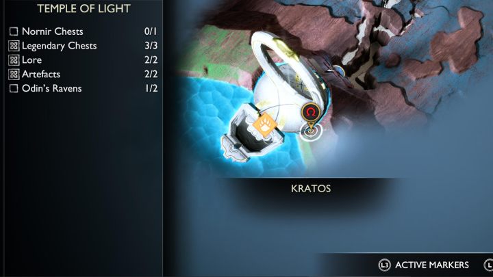 Trzecia legendarna skrzynia w Świątyni Światła w Alfheim znajduje się w południowo-wschodniej części tego regionu - God of War Ragnarok: Świątynia Światła (Temple of Light), Alfheim - sekrety, znajdźki - God of War Ragnarok - poradnik do gry