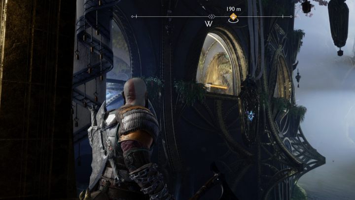 Aby dostać się do skrzyni musicie złapać za uchwyt na dole kryształu i rozbujać go, następnie wycelować w niebieski kryształ na ścianie obok - God of War Ragnarok: Świątynia Światła (Temple of Light), Alfheim - sekrety, znajdźki - God of War Ragnarok - poradnik do gry