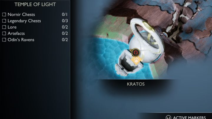 Pierwszy kruk Odyna w Świątyni Światła w Alfheim jest w południowej części budynku - God of War Ragnarok: Świątynia Światła (Temple of Light), Alfheim - sekrety, znajdźki - God of War Ragnarok - poradnik do gry