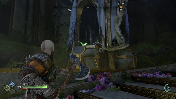 Kruk będzie siedział obok schodów, niedaleko miejsca, w którym stoczycie walkę z grupą elfów - God of War Ragnarok: Świątynia Światła (Temple of Light), Alfheim - sekrety, znajdźki - God of War Ragnarok - poradnik do gry