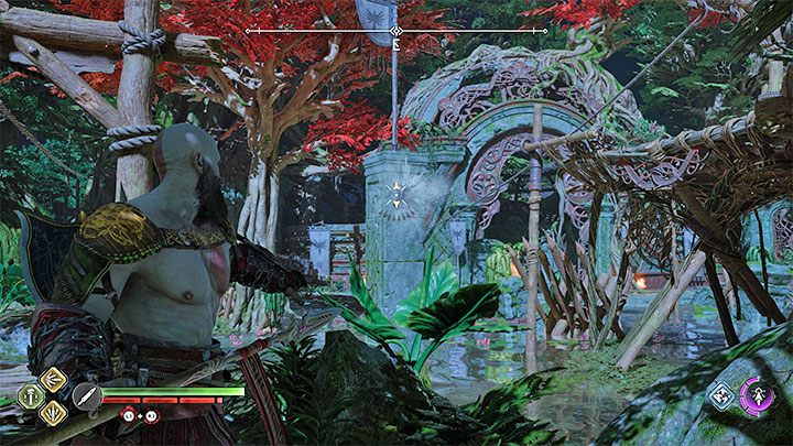 Po zdobyciu włóćzni Draupnir w głównej fabule możecie rzucać nią w otwory i tworzyć drążki - pozwoli to Kratosowi chwytać się ich i doskakiwać do oddalonych półek - God of War Ragnarok: Powrót do Opuszczonej wioski (The Abandoned Village) w Vanaheim - God of War Ragnarok - poradnik do gry