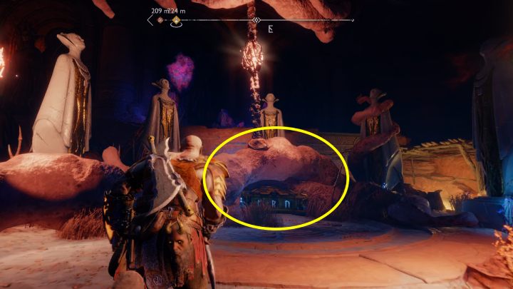 Zniszczcie resztki gruzu, aby dostać się do sekretnego pomieszczenia pod budynkiem - God of War Ragnarok: Zakazane Piaski (The Forbidden Sands), Alfheim - sekrety, znajdźki - God of War Ragnarok - poradnik do gry