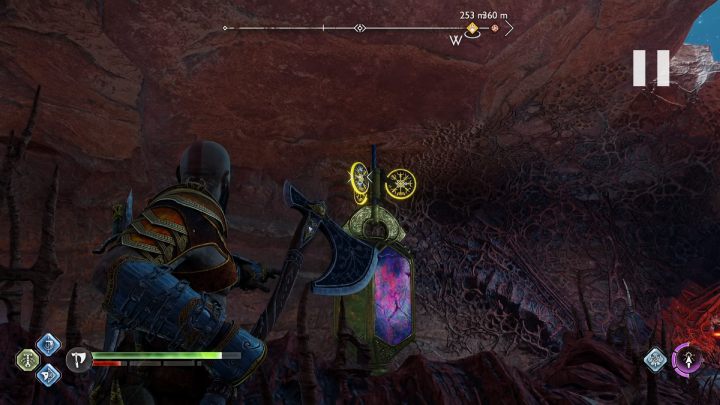 Rzućcie toporem w kryształ po prawej stronie jaskini i usuńcie 3 czerwone połączenia - God of War Ragnarok: Zakazane Piaski (The Forbidden Sands), Alfheim - sekrety, znajdźki - God of War Ragnarok - poradnik do gry