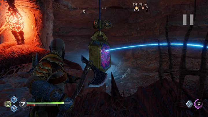 Odwróćcie 2 kryształ, tak żeby topór uderzył w 1 kryształ i po odbiciu usunął pozostałe czerwone połączenia blokujące skrzynię - God of War Ragnarok: Zakazane Piaski (The Forbidden Sands), Alfheim - sekrety, znajdźki - God of War Ragnarok - poradnik do gry