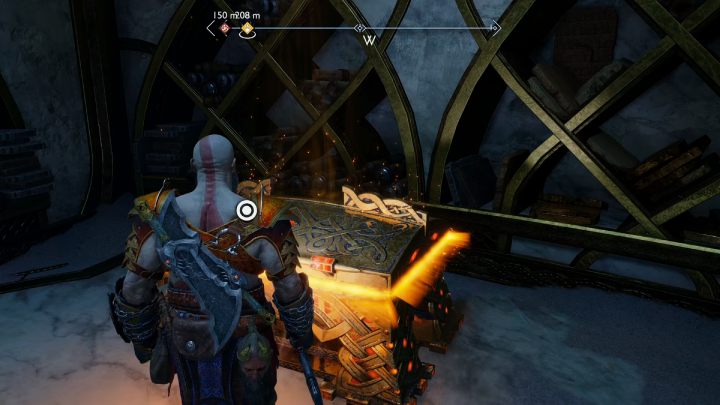 Skrzynię znajdziecie na 2 piętrze budynku, obok mapy skarbów - God of War Ragnarok: Zakazane Piaski (The Forbidden Sands), Alfheim - sekrety, znajdźki - God of War Ragnarok - poradnik do gry