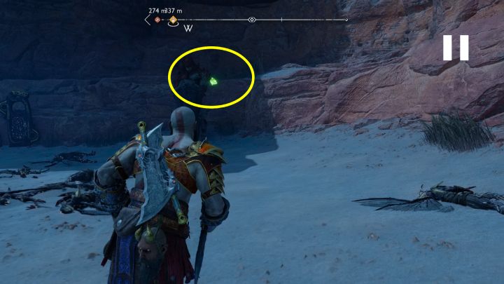 Kruk będzie skakał po skale za posągiem - God of War Ragnarok: Zakazane Piaski (The Forbidden Sands), Alfheim - sekrety, znajdźki - God of War Ragnarok - poradnik do gry