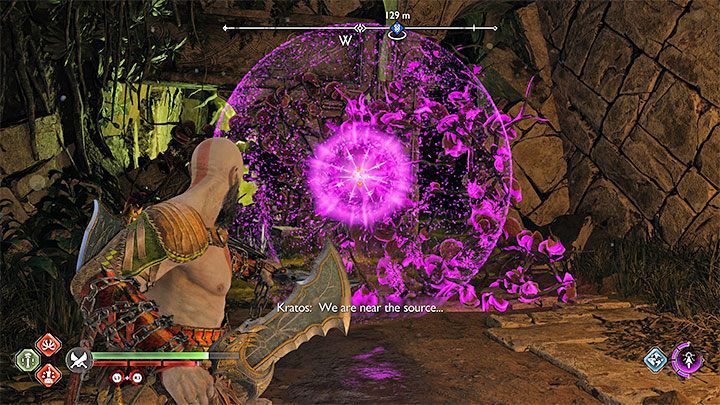 Wejdźcie do nowych ruin i poproście towarzysza o nałożenie pieczęci na czerwone pnącza - możecie podpalić je Ostrzami Chaosu - God of War Ragnarok: Trzęsąca się jama (Quaking Hollow) - solucja, opis przejścia - God of War Ragnarok - poradnik do gry