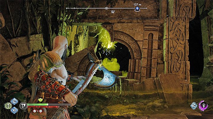 Kolejna przeszkoda to roślina emitująca trujące opary - rzućcie w nią Lewiatanem - God of War Ragnarok: Trzęsąca się jama (Quaking Hollow) - solucja, opis przejścia - God of War Ragnarok - poradnik do gry