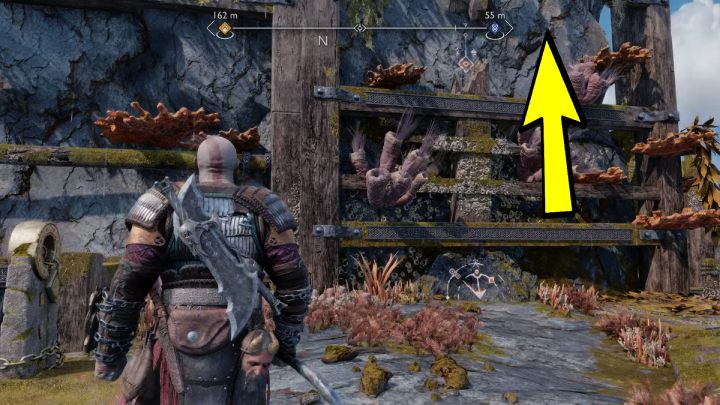 Obok dźwigu z uchwytem, prowadzącym do drugiej płetwy, znajdziecie ścianę, na którą będziecie mogli się wspiąć - God of War Ragnarok: Wyspa Lyngbakr (Lyngbakr Island), Svartalfheim - sekrety, znajdźki - God of War Ragnarok - poradnik do gry