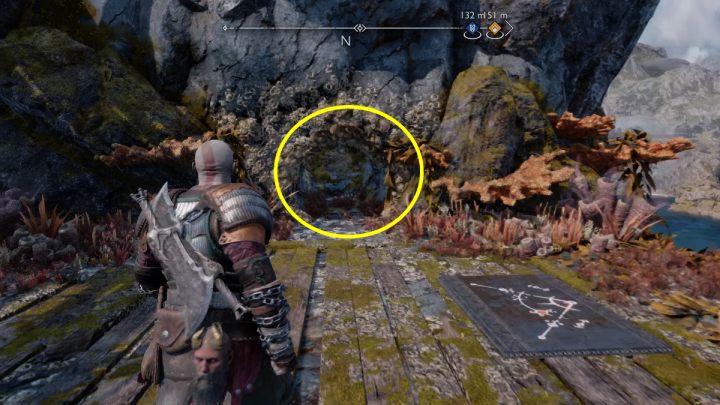 Gdy zniszczycie gniazdo pełzaczy, zabierzcie bombę i rzućcie ją w gruzowisko zasłaniające uchwyt na dźwigu na południowej części wyspy - God of War Ragnarok: Wyspa Lyngbakr (Lyngbakr Island), Svartalfheim - sekrety, znajdźki - God of War Ragnarok - poradnik do gry