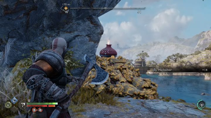 Po opuszczeniu łodzi zniszczcie czerwone naczynie, aby rozbić gruz blokujący drogę po prawej stronie - God of War Ragnarok: Ciężar łańcuchów (The Weight of Chains) - solucja, opis przejścia - God of War Ragnarok - poradnik do gry