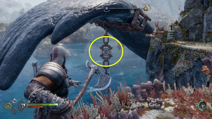 Przetnijcie urządzenie zaznaczone na ekranie i gdy stwór podniesie płetwę, rozwalcie słaby element na łańcuchu - God of War Ragnarok: Ciężar łańcuchów (The Weight of Chains) - solucja, opis przejścia - God of War Ragnarok - poradnik do gry
