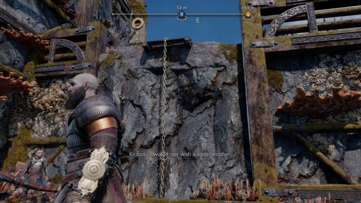 Przeskoczcie na nowy teren wyspy i wejdźcie po łańcuchu na górę - God of War Ragnarok: Ciężar łańcuchów (The Weight of Chains) - solucja, opis przejścia - God of War Ragnarok - poradnik do gry