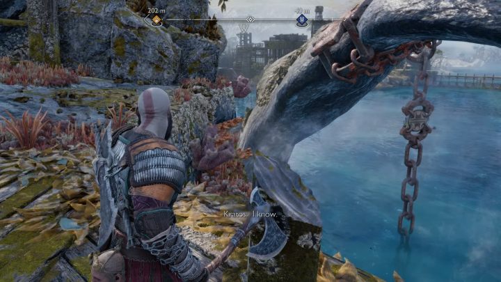 Gdy stworzenie podniesie drugą płetwę, rzućcie toporem w słaby punkt na łańcuchu, aby go uwolnić - God of War Ragnarok: Ciężar łańcuchów (The Weight of Chains) - solucja, opis przejścia - God of War Ragnarok - poradnik do gry