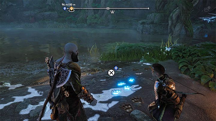 Od momentu dotarcia do brzegu możecie odnajdywać niebieskie ślady Helki - będą one prowadziły na północ - God of War Ragnarok: Krater (The Crater) w krainie Vanaheim - God of War Ragnarok - poradnik do gry