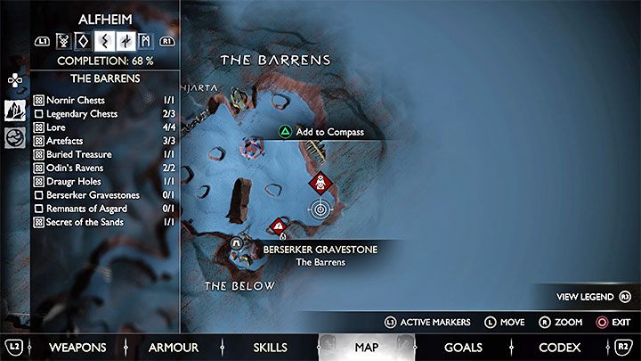 Nagrobek berserka jest w regionie Pustynia w Alfheimie (The Barrens), ale początkowo nie możecie aktywować pojedynku nawet jeśli zbliżycie się do znacznika z mapy - God of War Ragnarok: Jak pokonać berserków Svipdagr Zimna (Svipdagr the Cold) i Siostry Illska (Sisters of Illska)? - God of War Ragnarok - poradnik do gry