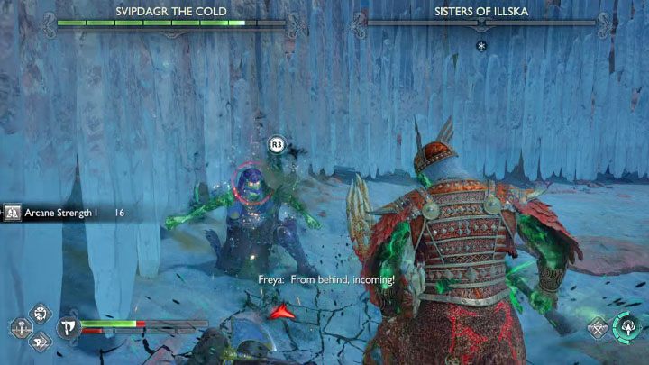 Dążcie do wykonania egzekucji na Siostrze Illska (R3) - będzie to możliwe po wyczerpaniu ich wspólnych pasków zdrowia - God of War Ragnarok: Jak pokonać berserków Svipdagr Zimna (Svipdagr the Cold) i Siostry Illska (Sisters of Illska)? - God of War Ragnarok - poradnik do gry