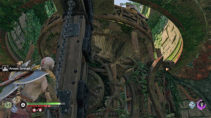 Ostatni krok to użycie łańcucha z obrazka - uwięziona przez Was kreatura zostanie przetransportowana windą na górę - God of War Ragnarok: Szlak zniszczenia (Path of Destruction) - solucja, opis przejścia - God of War Ragnarok - poradnik do gry