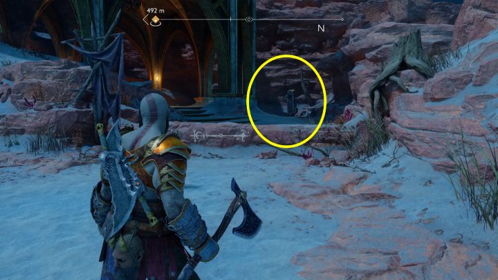 Runy stoją przy niewielkiej budowli, pokonajcie wszystkich wrogów żeby zebrać znajdźki z okolicy - God of War Ragnarok: Pustkowia (The Barrens), Alfheim - sekrety, znajdźki - God of War Ragnarok - poradnik do gry