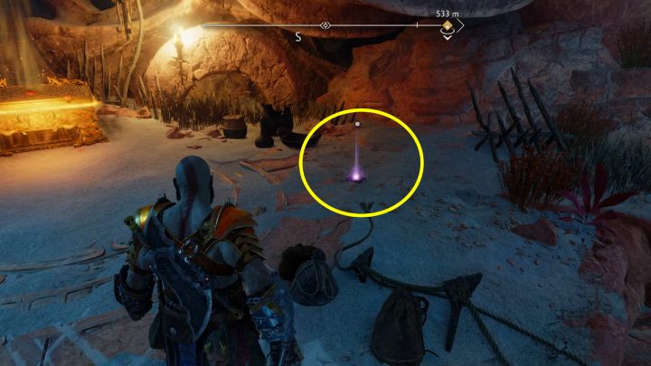 Wejdźcie pod szkielet od strony głowy i wspinajcie się na wyższe tereny jaskini - God of War Ragnarok: Pustkowia (The Barrens), Alfheim - sekrety, znajdźki - God of War Ragnarok - poradnik do gry