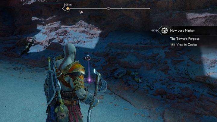 Artefakt leży obok Wiedzy o świecie, musicie najpierw pokonać wrogów z okolicy, aby pozbierać wszystkie znajdźki - God of War Ragnarok: Pustkowia (The Barrens), Alfheim - sekrety, znajdźki - God of War Ragnarok - poradnik do gry