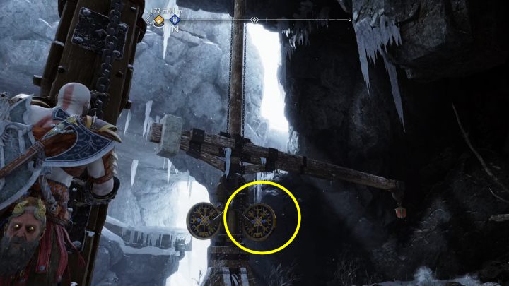 Ostatni dźwig musicie najpierw opuścić na dół, uderzyć toporem w prawą tarczę i ponownie podnieść dźwig na samą górę - God of War Ragnarok: Przekleństwo Sigrun (Sigruns Curse) - przysługa, solucja, opis przejścia - God of War Ragnarok - poradnik do gry