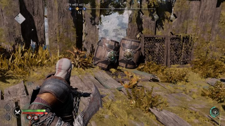 Kolejną runę znajdziecie za beczkami, które zniszczycie strzałami Atreusa - God of War Ragnarok: Platforma Radsvinna (Radsvinns Rig), Svartalfheim - sekrety, znajdźki - God of War Ragnarok - poradnik do gry