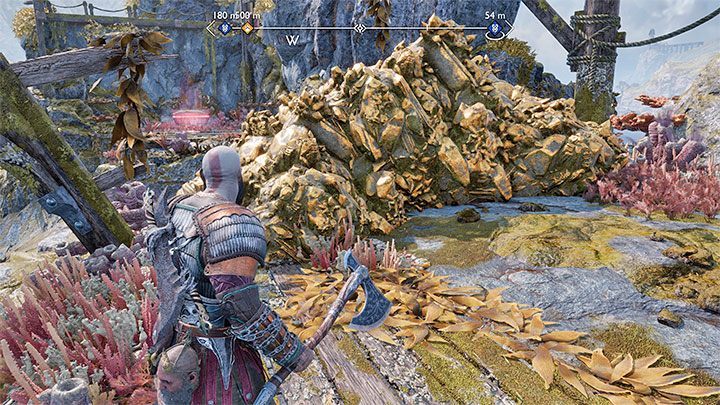 Na żółte barykady z kryształów po raz pierwszy zaczniecie natrfiać podczas eksploracji krainy Svartalfheim - przykładową pokazuje obrazek - God of War Ragnarok: Jak niszczyć żółte blokady z kryształów? - God of War Ragnarok - poradnik do gry