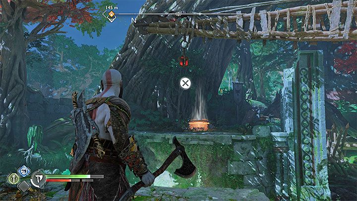 Doprowadźcie do sytuacji, w której będziecie mogli złapać się zaczepu żurawia i doskoczyć do półki z legendarną skrzynią - God of War Ragnarok: Opuszczona wioska (The Abandoned Village), Vanaheim - sekrety, znajdźki - God of War Ragnarok - poradnik do gry