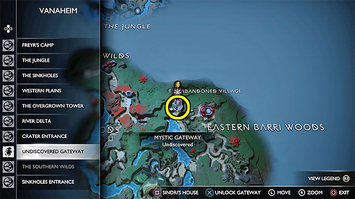 Do tej i kilku kolejnych znajdziek opisanych poniżej możecie łatwo dotrzeć po skończeniu fabuły - odblokujcie mistyczną bramę Opuszczona wioska z poziomu mapy (pokazuje ją dołączony obrazek) - God of War Ragnarok: Opuszczona wioska (The Abandoned Village), Vanaheim - sekrety, znajdźki - God of War Ragnarok - poradnik do gry
