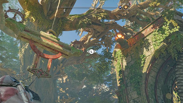 Złapcie się ostrzami platformy i rozbujajcie ją w prawo - God of War Ragnarok: Plac Pielgrzyma (Pilgrims Landing), Vanaheim - sekrety, znajdźki - God of War Ragnarok - poradnik do gry