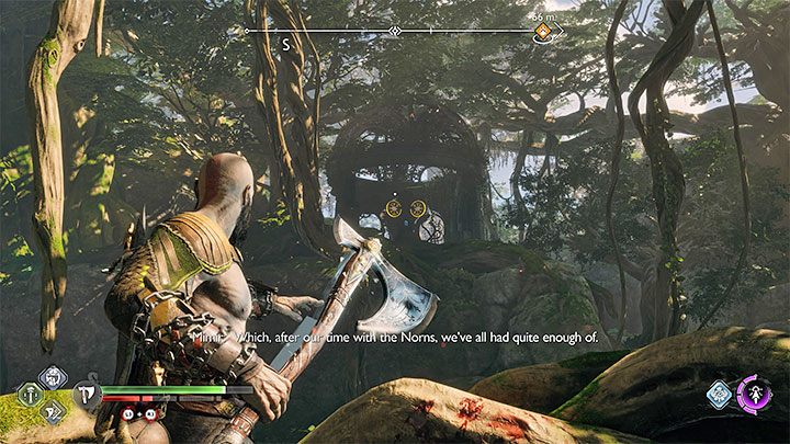 Otwarcie skrzyni staje się możliwe dzięki rzucaniu toporem w tarcze - God of War Ragnarok: Wschodnie lasy Barri (Eastern Barri Woods), Vanaheim - sekrety, znajdźki - God of War Ragnarok - poradnik do gry