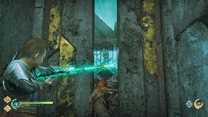 Thrud rozsunie częściowo drzwi i trafcie strzałą w nowy zaczep - zrzucicie nowy ciężki ładunek - God of War Ragnarok: Koszmary z Hel (Unleashing Hel) - solucja, opis przejścia - God of War Ragnarok - poradnik do gry